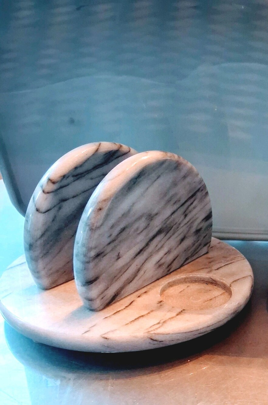 VTG! Solid White Marble Napkin Caddy; Salt/Pepper Shaker BASE Only! Heavy Stone;